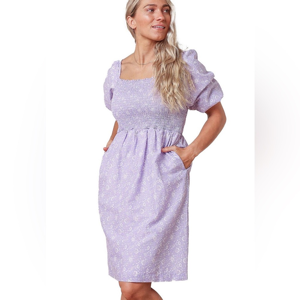 Purple Puff Sleeve Square Neck Midi smocked bodice Sundress
